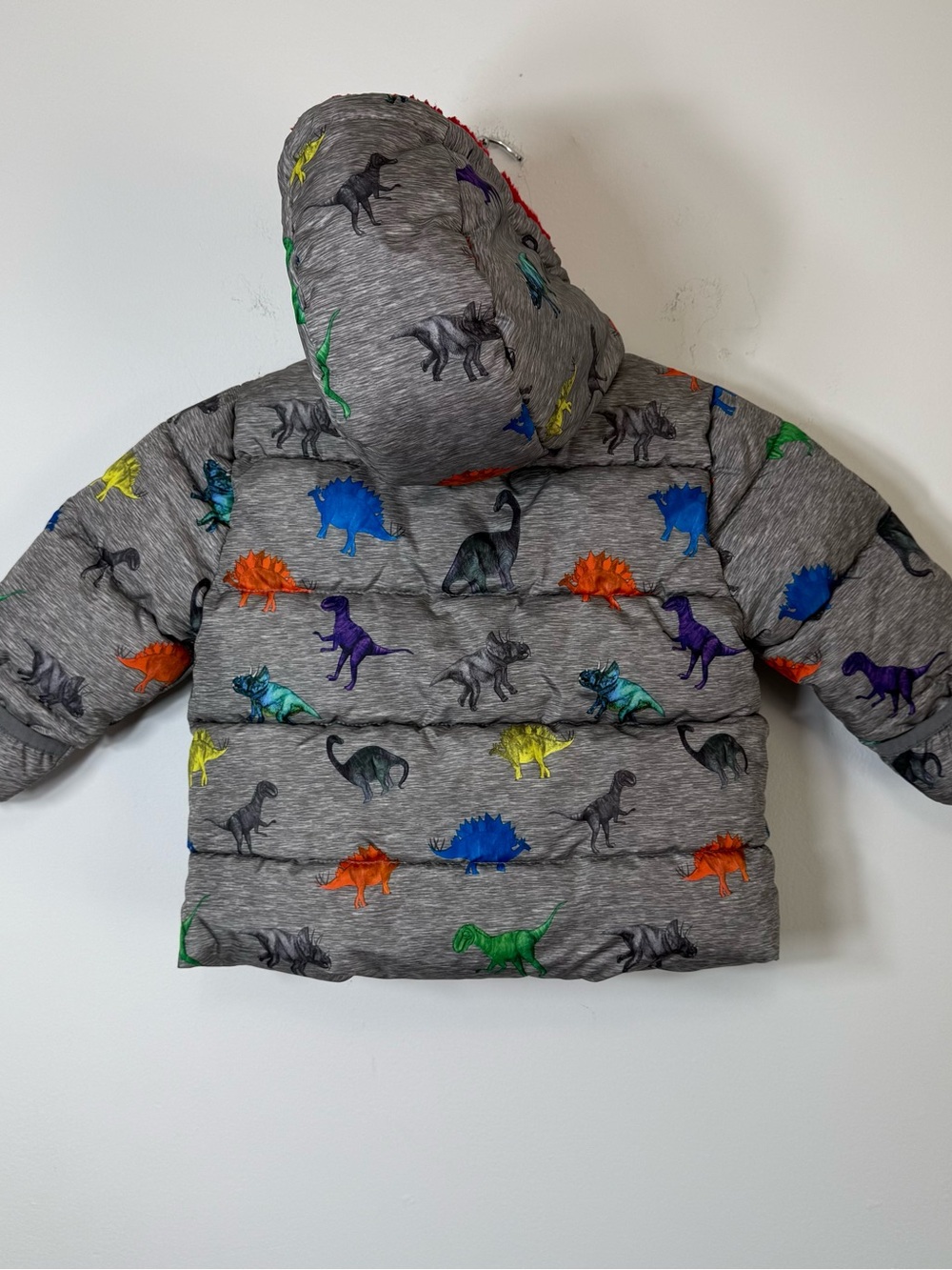 Swiss Tech 18M Dinosaur Puffer Jacket Gray Red Fleece Lining Hooded Winter Coat - Picture 4 of 6